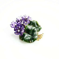 Bouquet Brooch Beautiful Carved Amethyst & Jade in 14k Yellow Gold