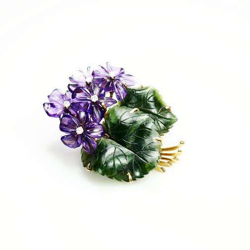 Bouquet Brooch Beautiful Carved Amethyst & Jade in 14k Yellow Gold