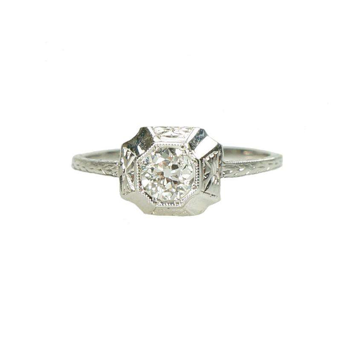 Stunning and Engraved Art Deco White Gold Engagement Ring