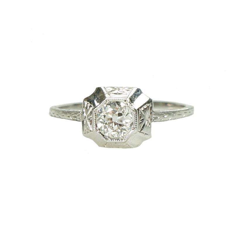 Stunning and Engraved Art Deco White Gold Engagement Ring