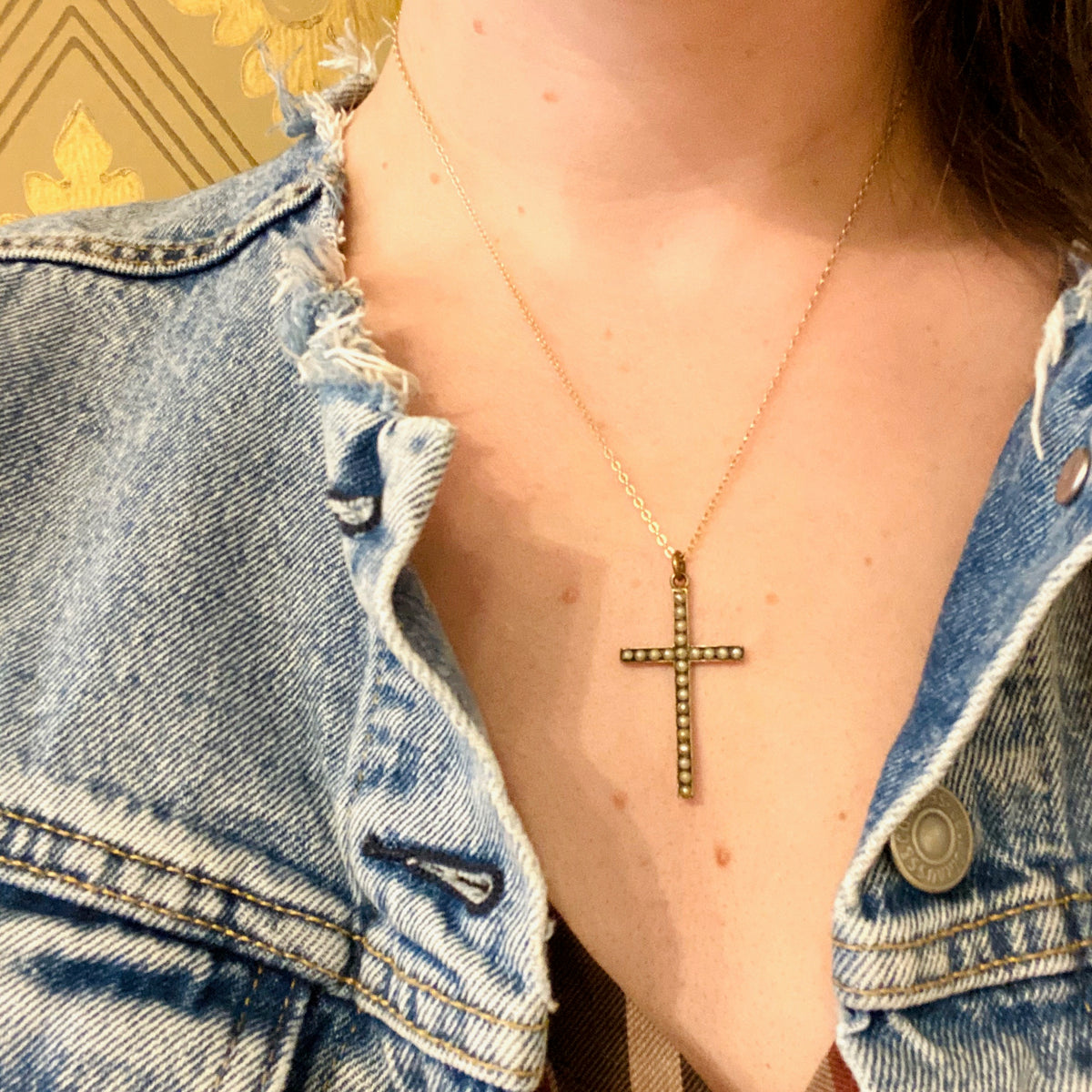 Classic 1900s Seed Pearl Cross Necklace