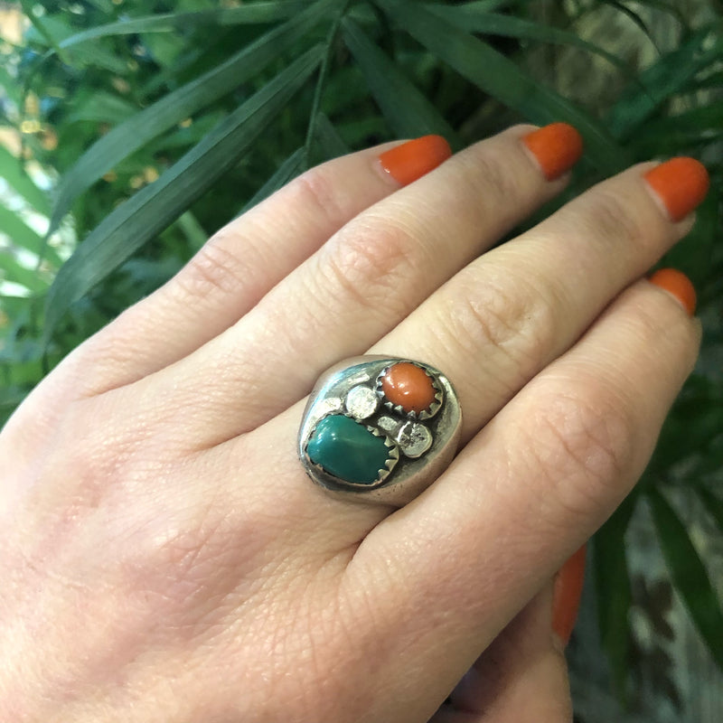 Coin Silver Chunky Turquoise and Coral Ring