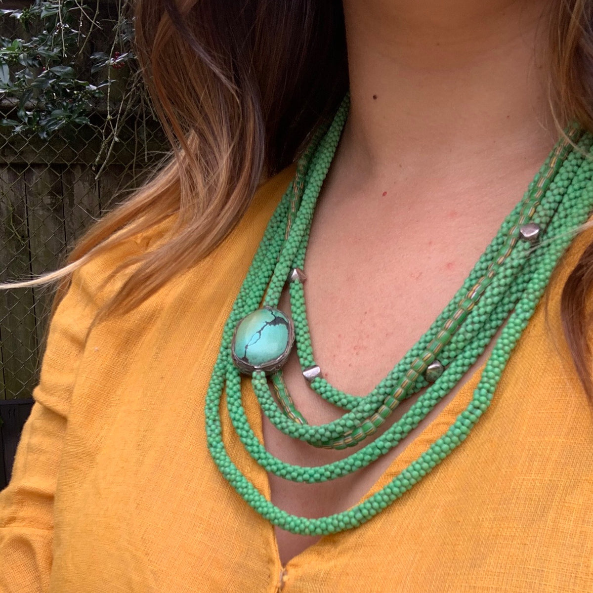 Spring Green Trade Bead Necklace with Turquoise Detail