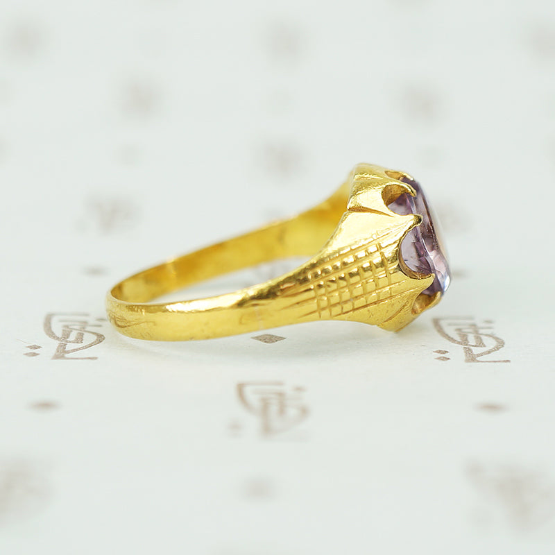 Unique Antique 22k Gold Belcher Ring with Buff Top Amethyst
