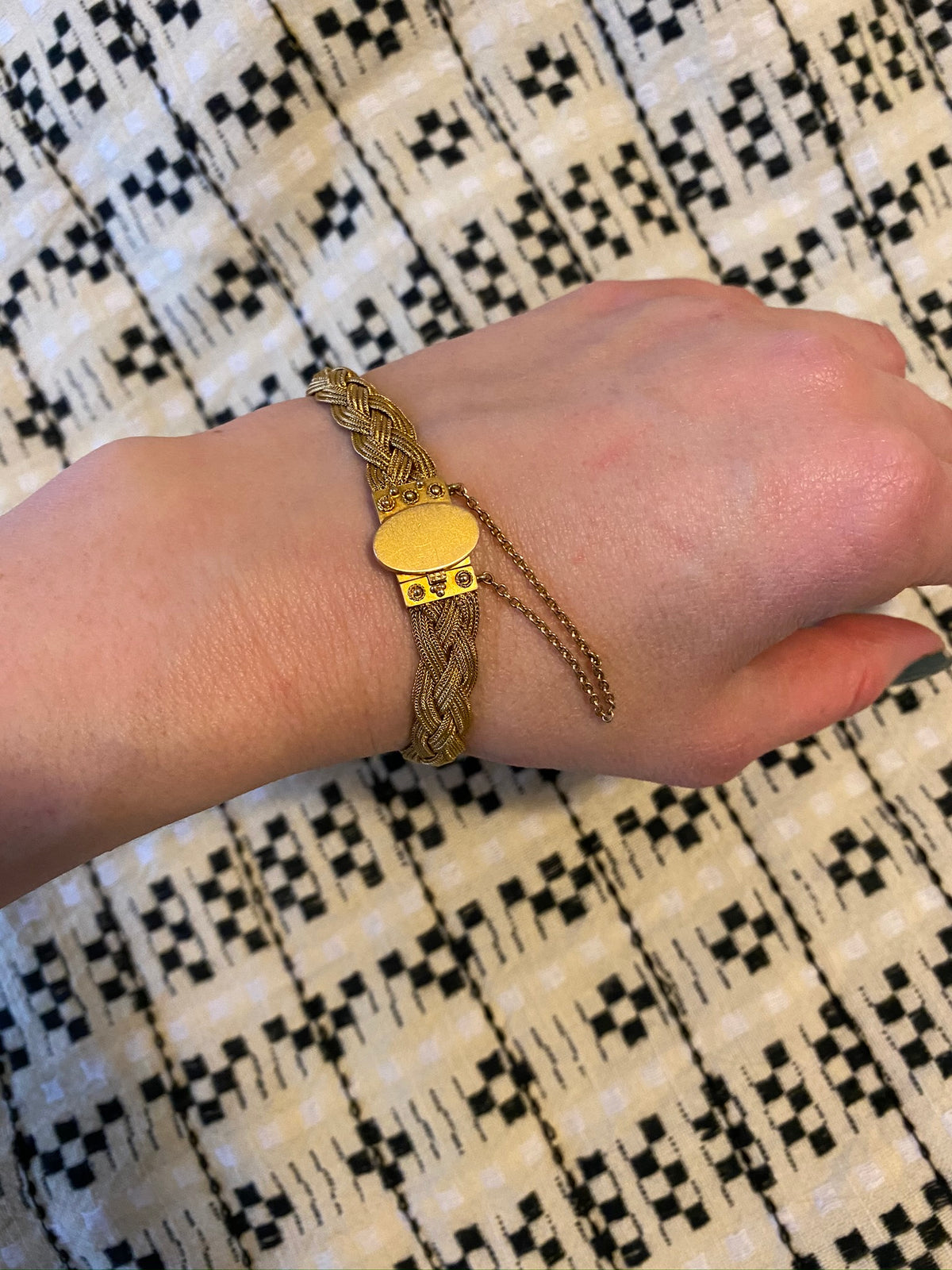 Striking Woven Gold Bracelet with Etruscan Revival Detail