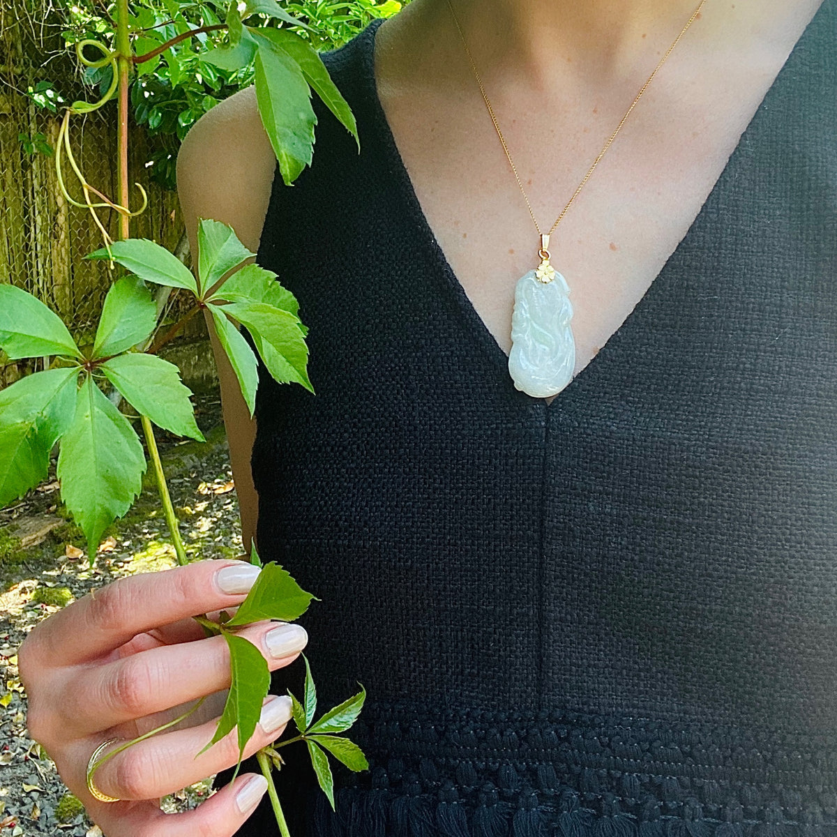 Pale Celadon Jade Carved Plums Necklace