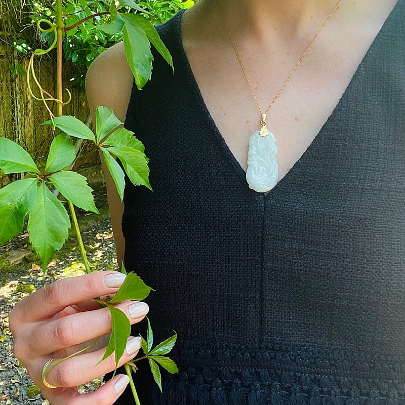 Pale Celadon Jade Carved Plums Necklace
