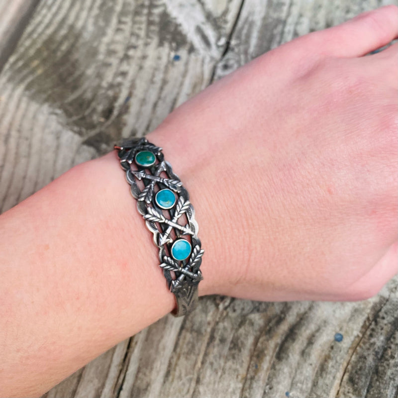 Bell Turquoise Silver Cuff with Arrows & Rockers