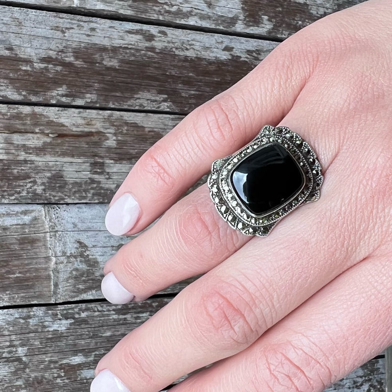 Moody Art Deco Onyx & Marcasite Ring