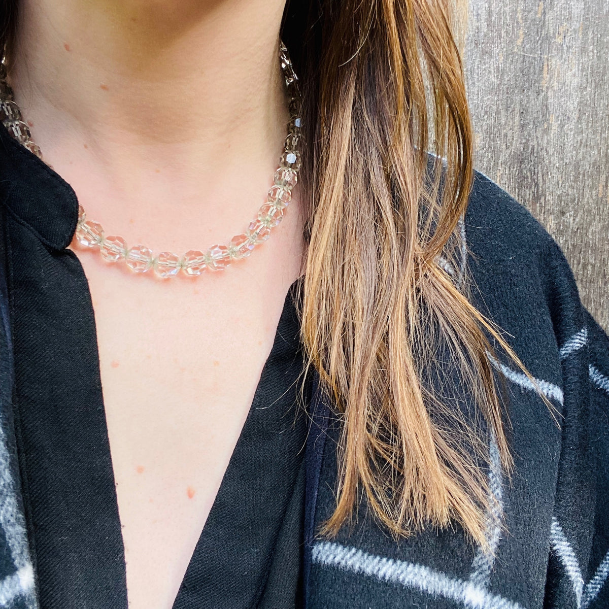 Glittering Crystal Beads on Silver Chain Necklace