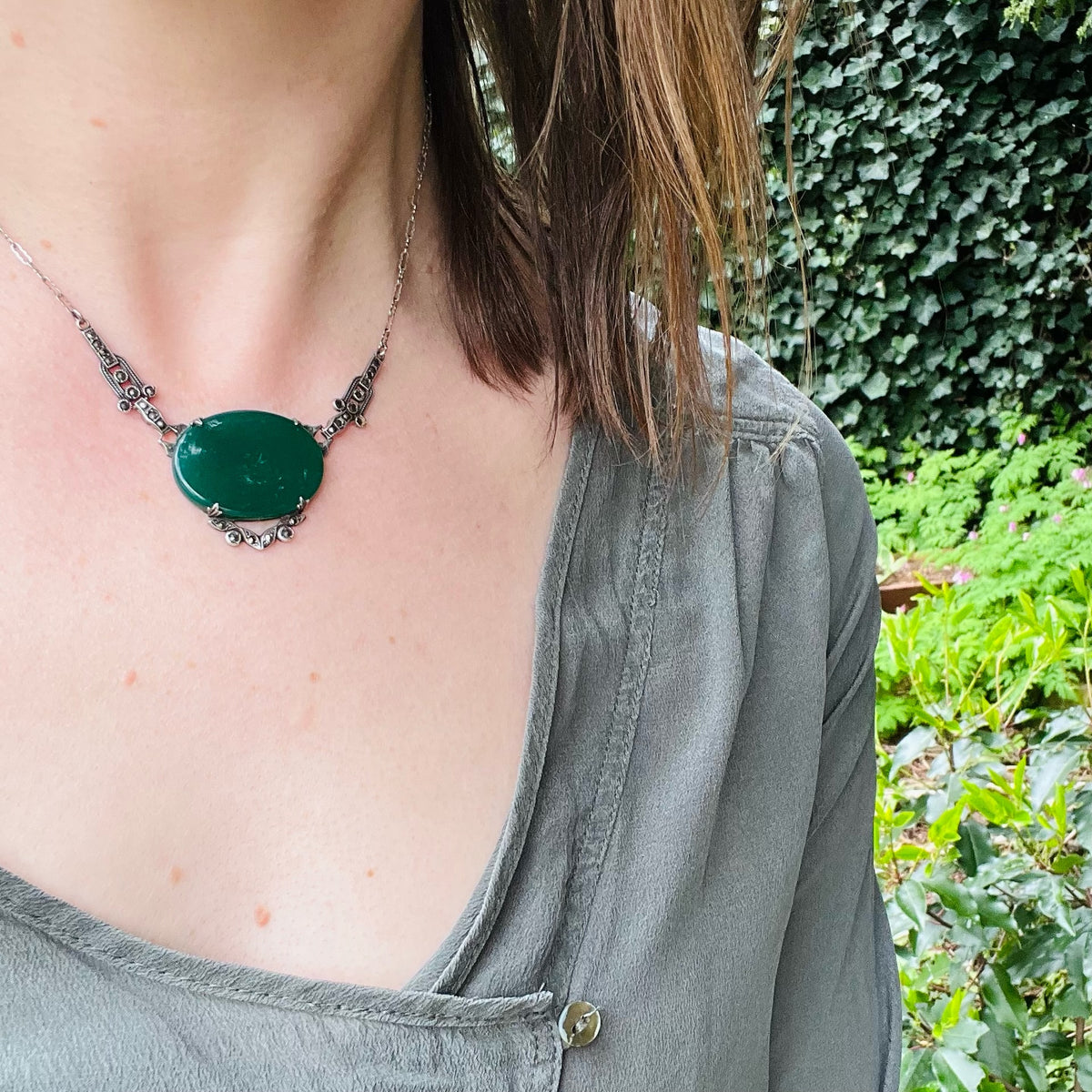 Glowing Green Chrysoprase Necklace with Marcasite