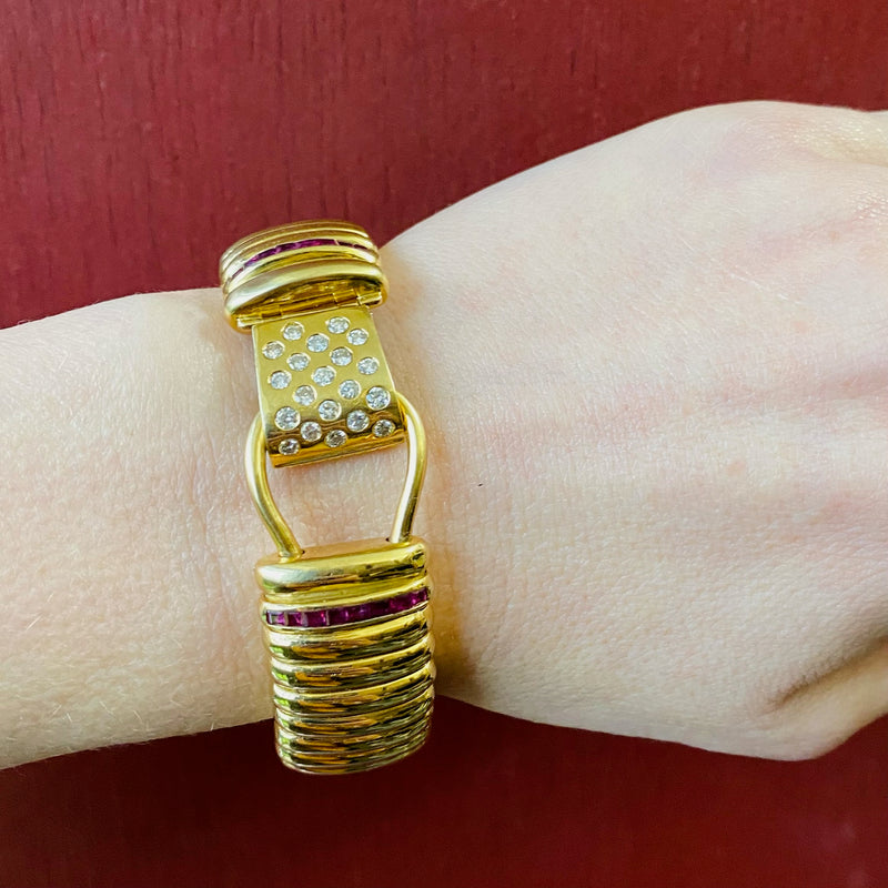 Magnificent 18k Gas Pipe Bracelet with Rubies and Diamonds