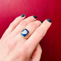 Synthetic Sapphire in Engraved Gold Signet Ring