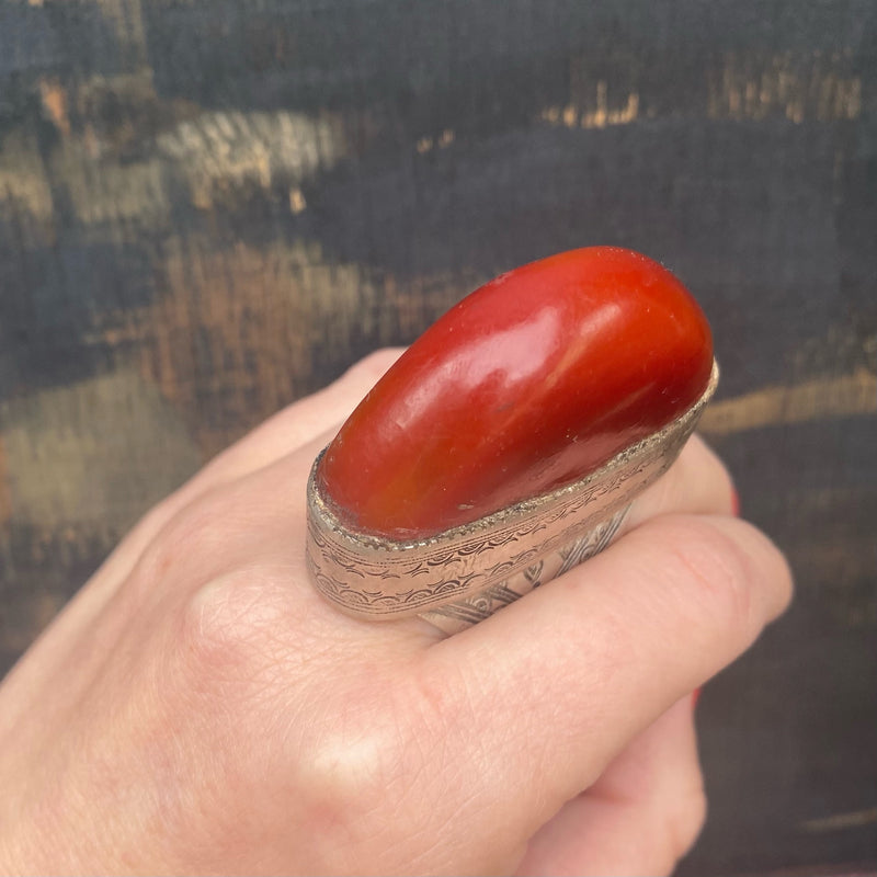 Massive Red Copal in Engraved Metal Ring – GSL