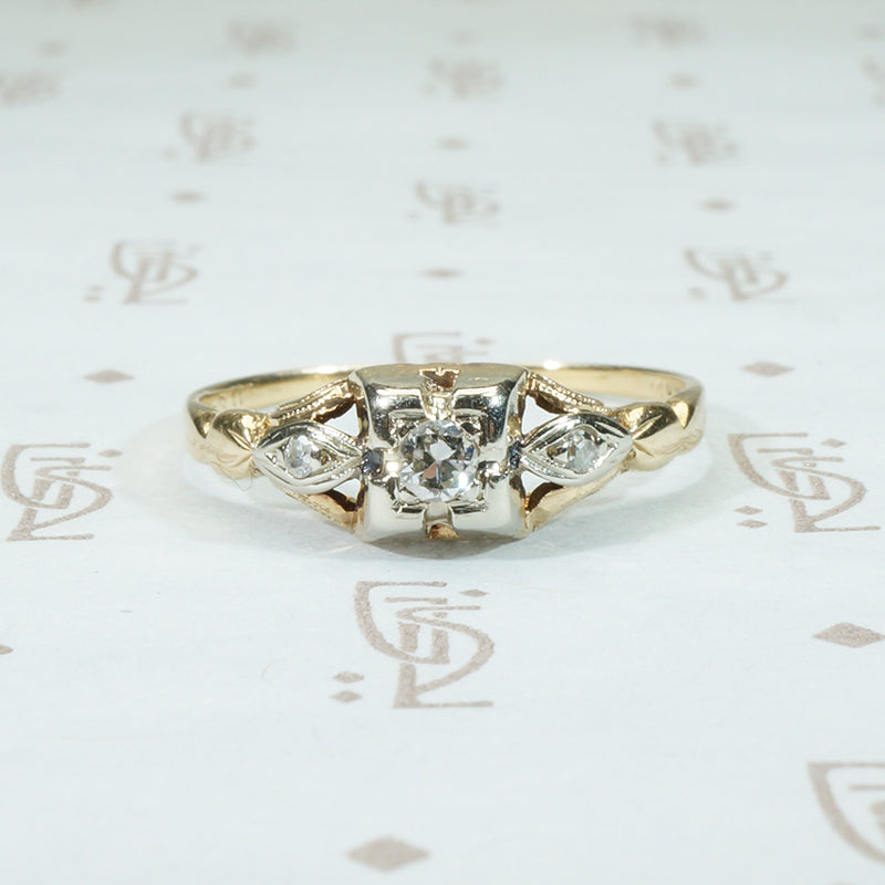 old mine cut 2 tone 14k gold diamond engagement ring