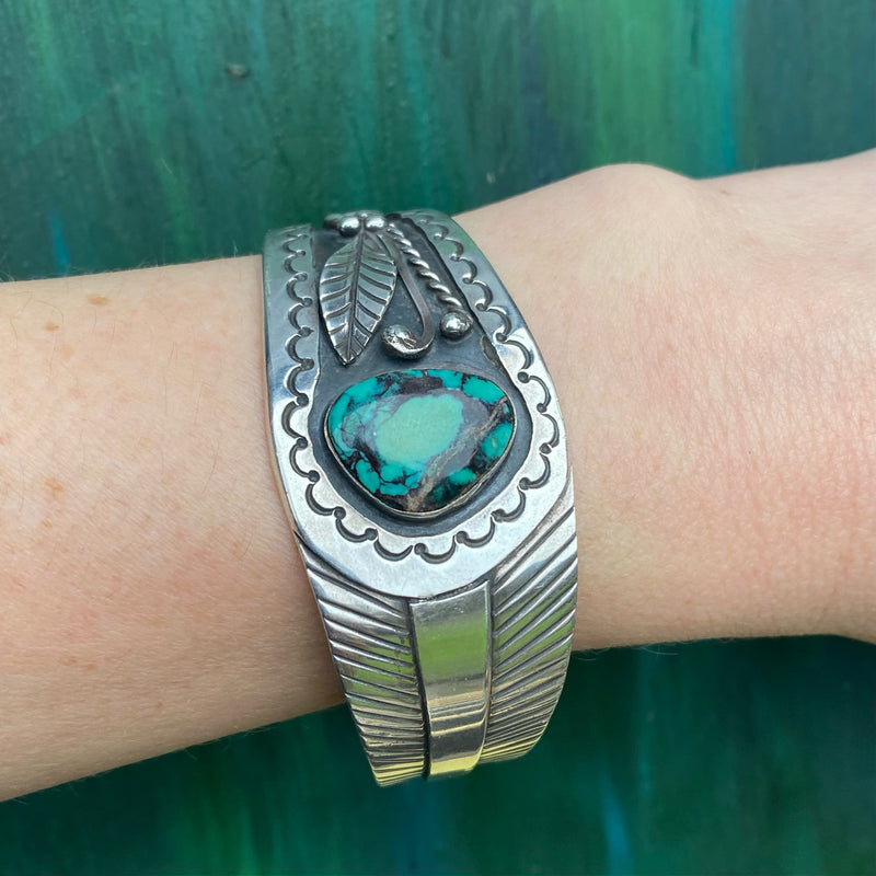 Silver Cuff with Turquoise, Overlay & Engraving