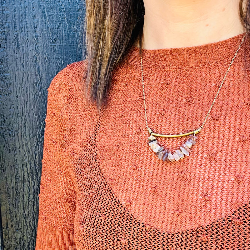 Pink & Gray Agate Necklace with Brass Details by Brin