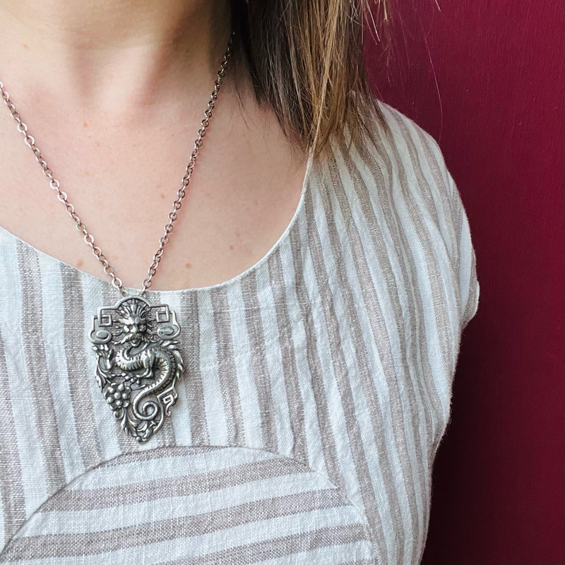 Dragon & Peony Pendant in Sterling Silver