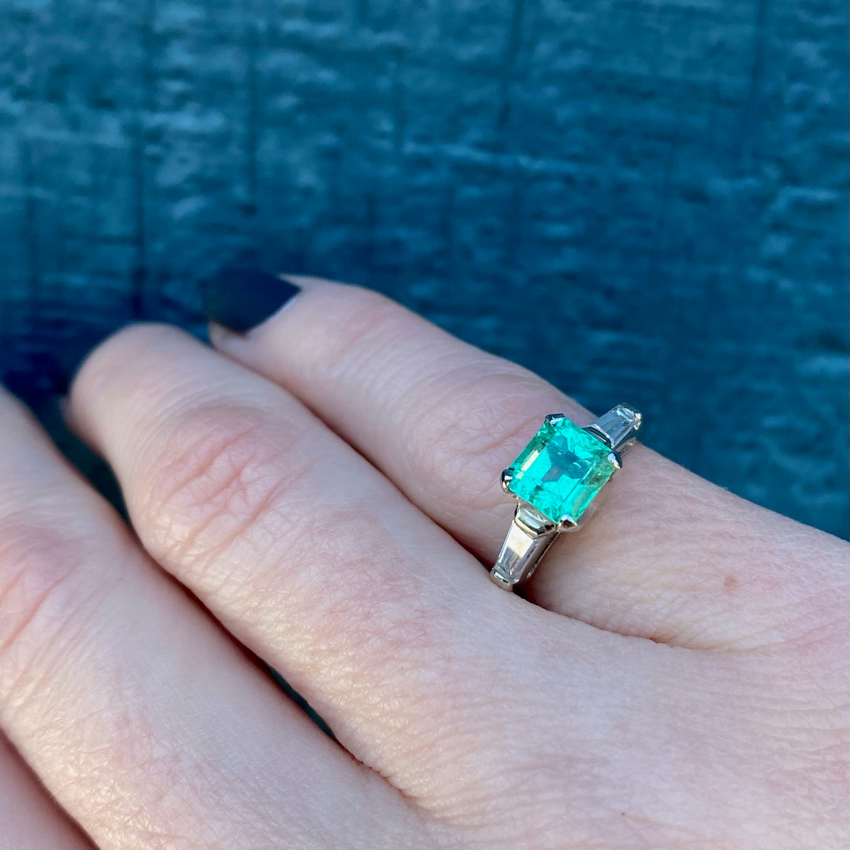 Spring Green Emerald & Baguette Ring in Platinum