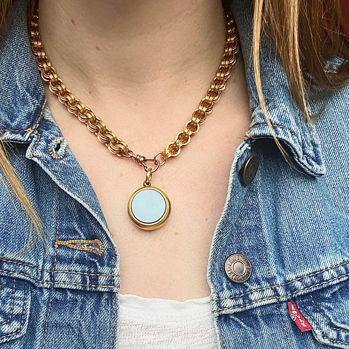 Banded Agate & Carnelian Locket with Lucky Four-Leaf Clover