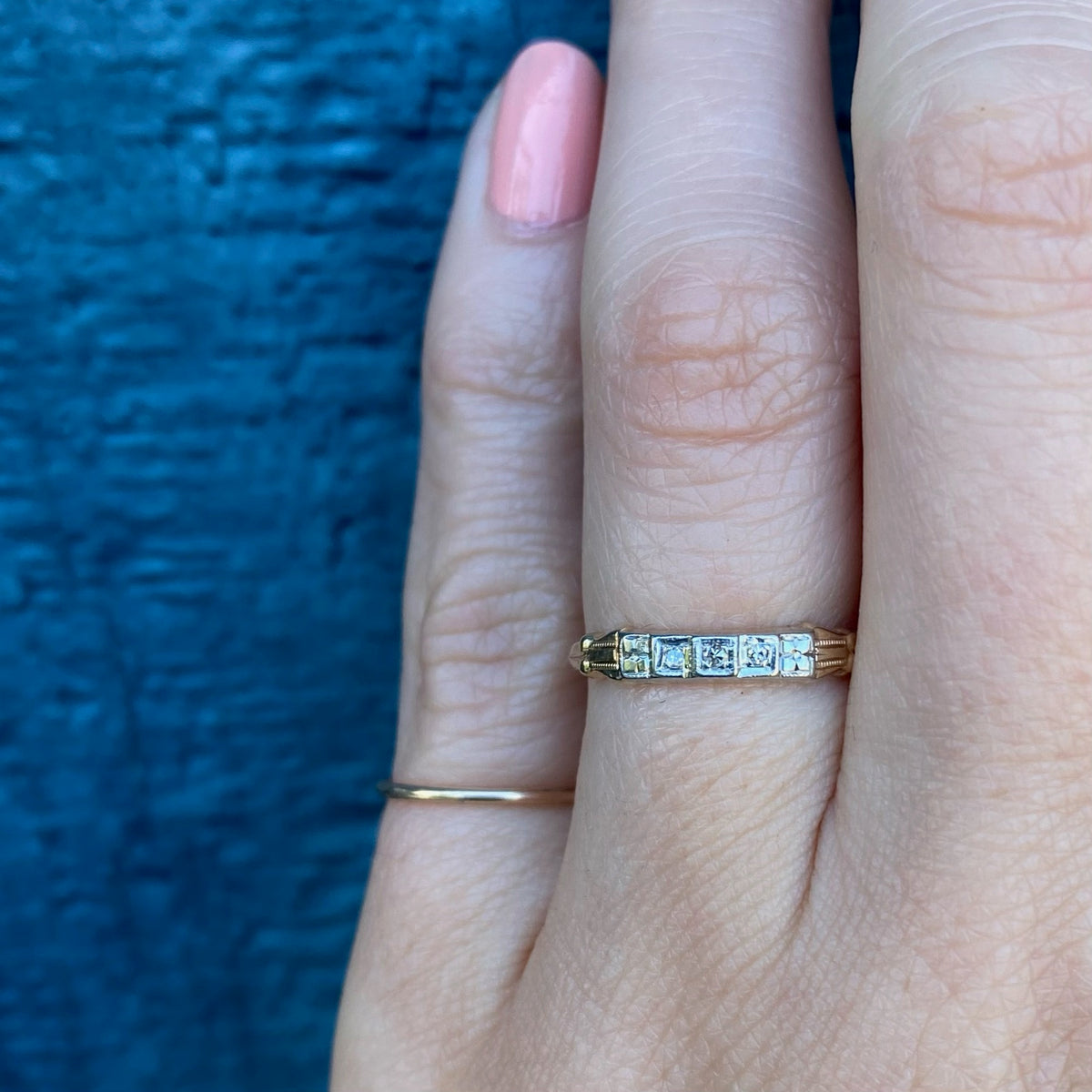 Sweet Two Tone Diamond Band with Engraved Flowers
