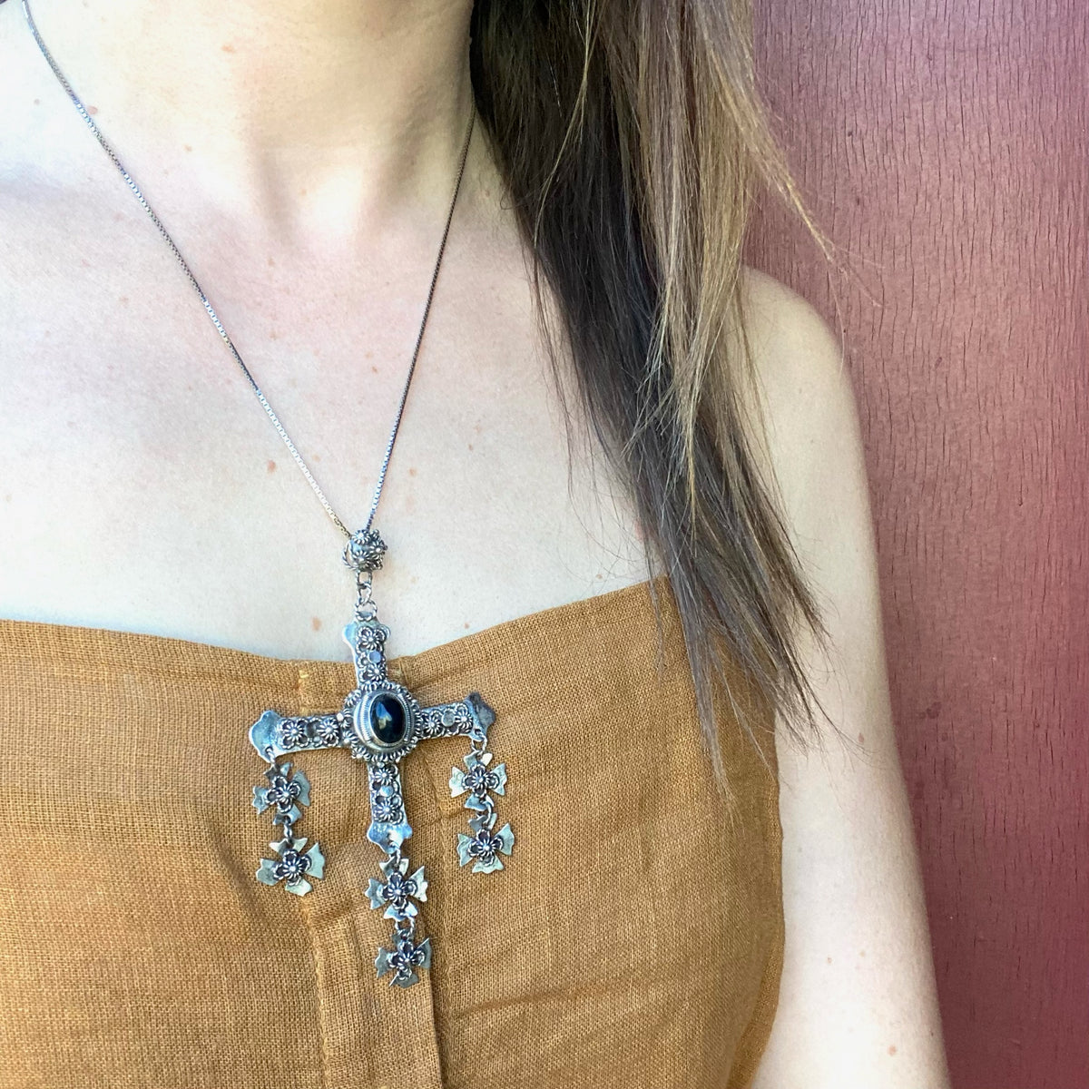 Ornate Mexican Silver & Onyx Cross Necklace