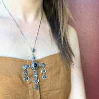 Ornate Mexican Silver & Onyx Cross Necklace