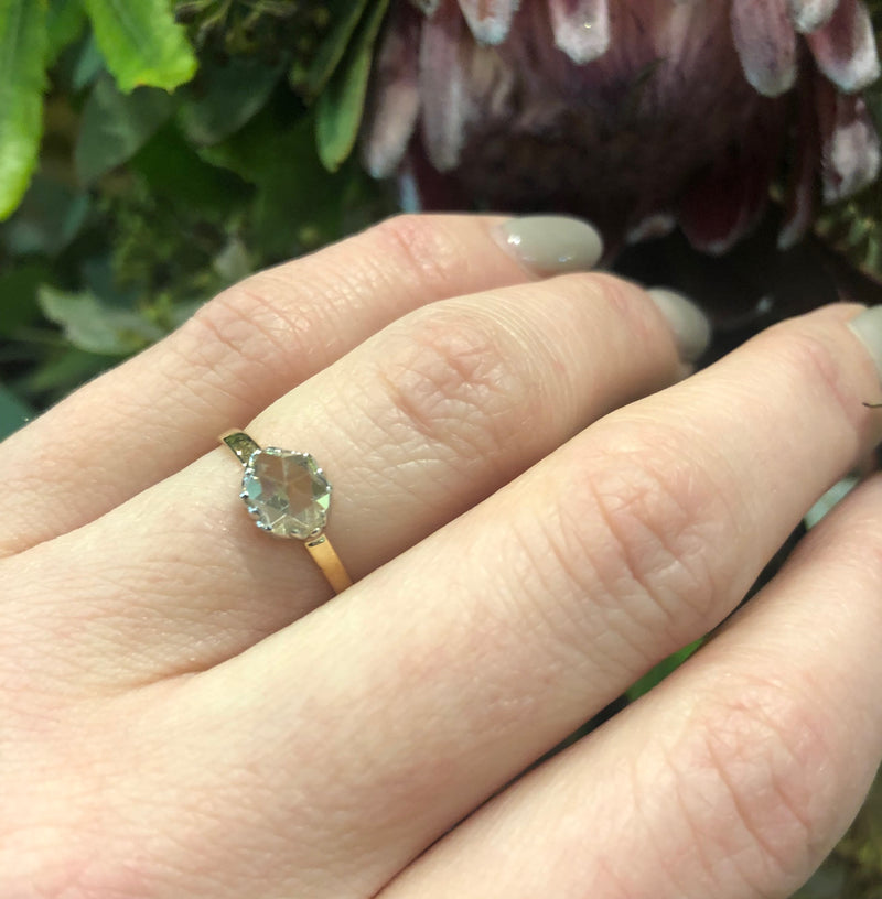 Rose Cut Diamond Solitaire in Platinum on 18K Yellow Gold