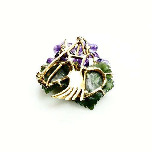 Bouquet Brooch Beautiful Carved Amethyst & Jade in 14k Yellow Gold