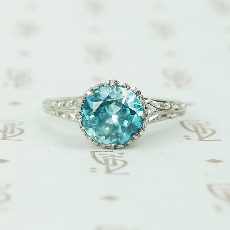 filigree platinum 2 carat natural blue zircon