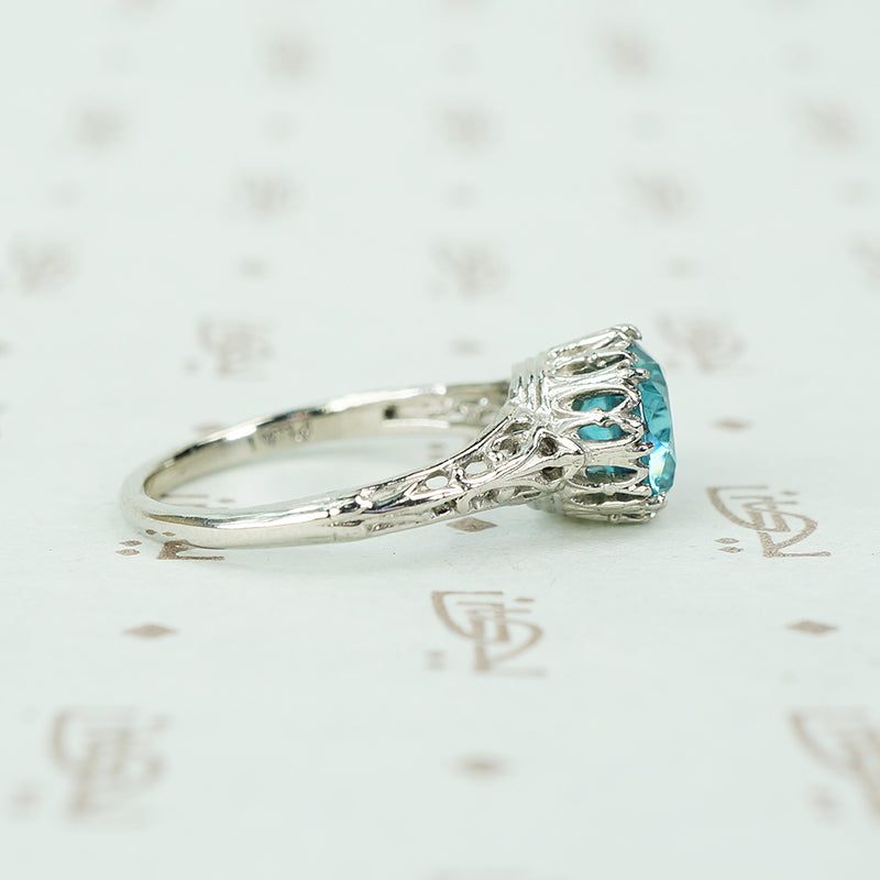 Platinum Filigree Two Carat Blue Zircon Solitaire