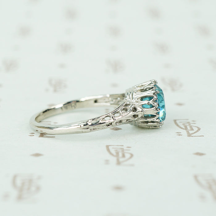 Platinum Filigree Two Carat Blue Zircon Solitaire
