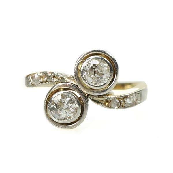 Edwardian Mine Cut Double Diamond Ring Platinum and 18k Yellow Gold