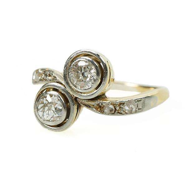 Edwardian Mine Cut Double Diamond Ring Platinum and 18k Yellow Gold