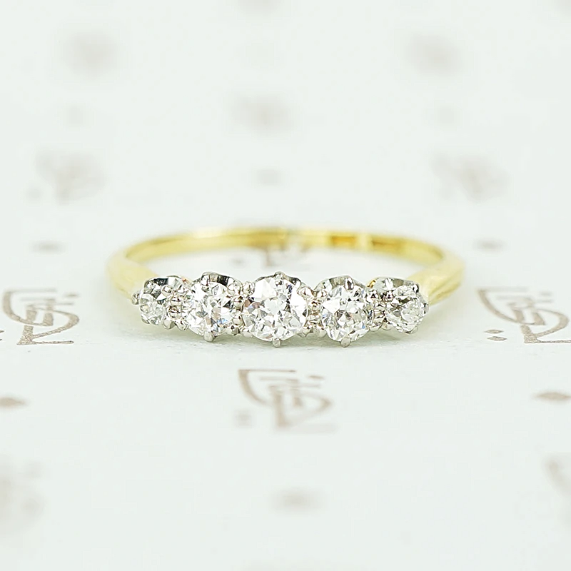 5 diamond vintage band set with oec in platinum on 18k yellow gold