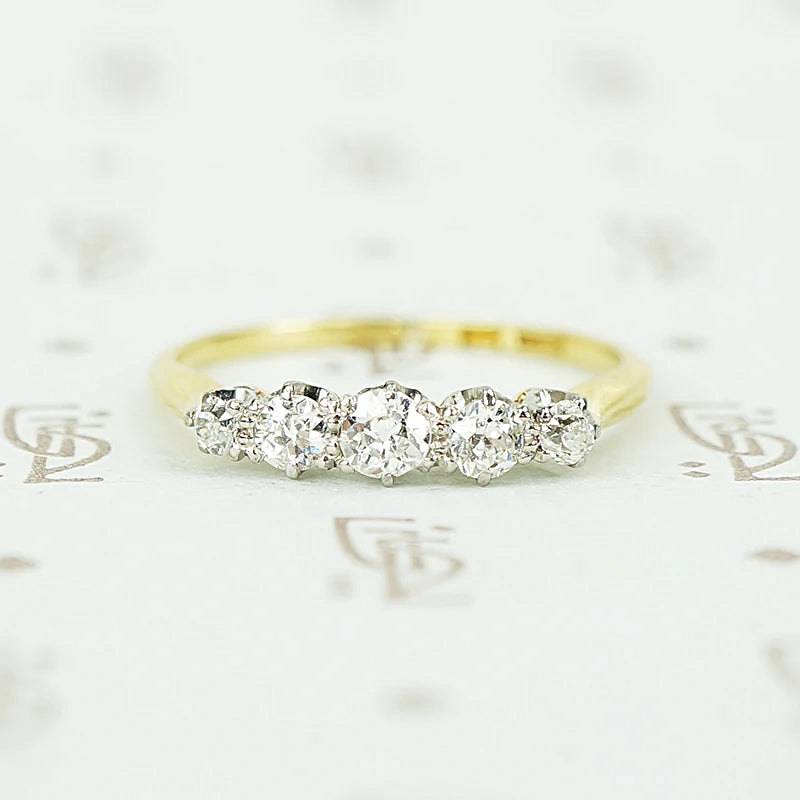 5 diamond vintage band set with oec in platinum on 18k yellow gold