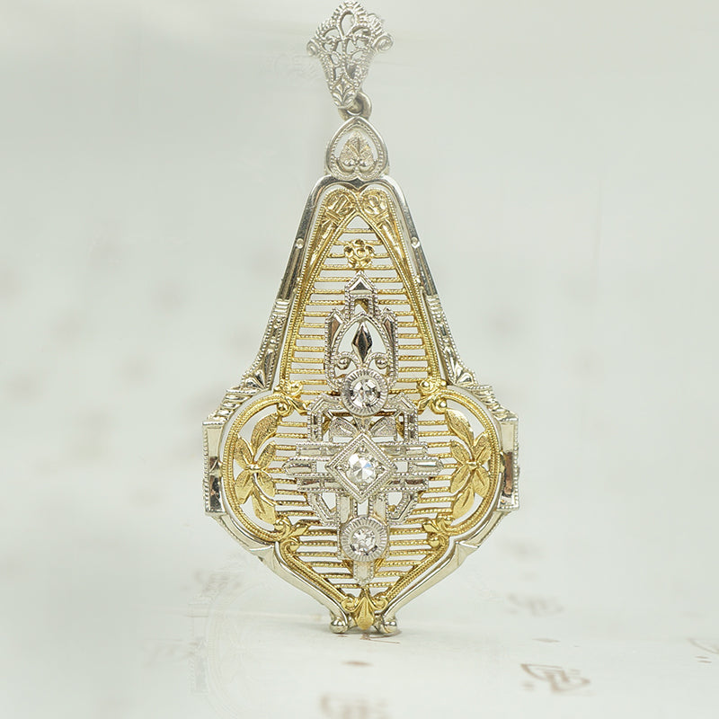 Large Filligree Diamond Pendant in 2 Tone Gold