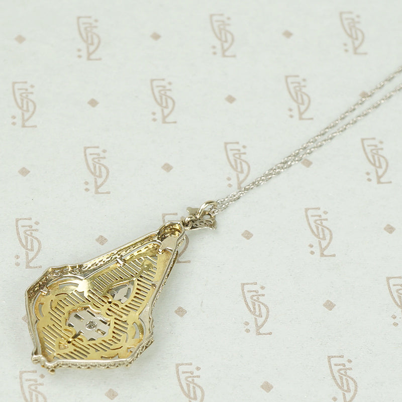 Large Filligree Diamond Pendant in 2 Tone Gold