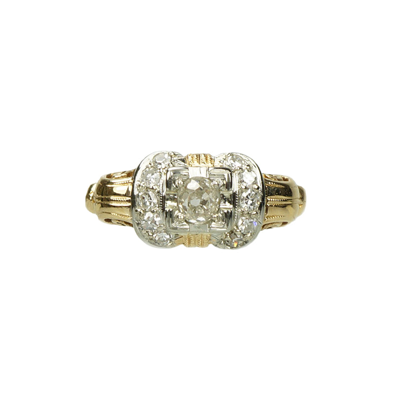 Old Mine Cut Diamond Two Tone Vintage Engagement Ring