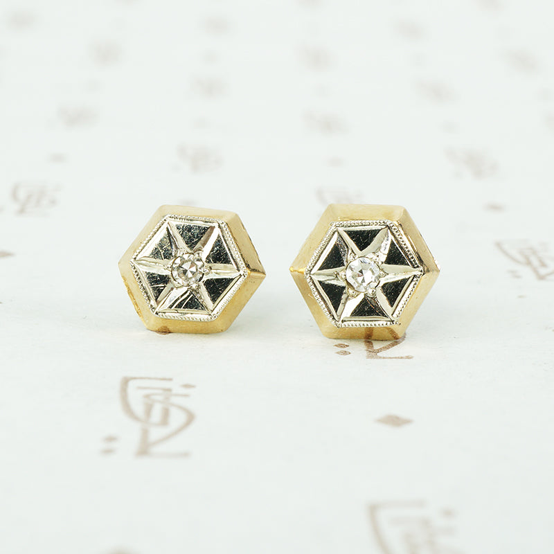 2 tone gold star set diamond stud earrings vintage 1940s