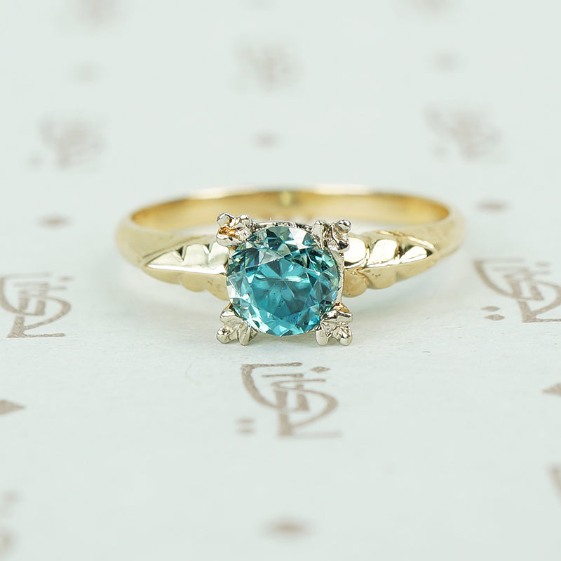 1/2 carat natural blue zircon in 2 tone 14k gold setting vintage engagement ring