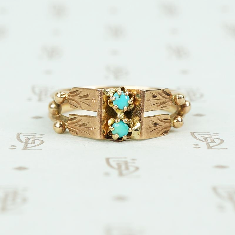 rose gold turquoise ring vintage with 2 turquoise rounds and engraved panels