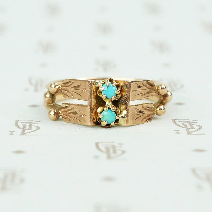 rose gold turquoise ring vintage with 2 turquoise rounds and engraved panels