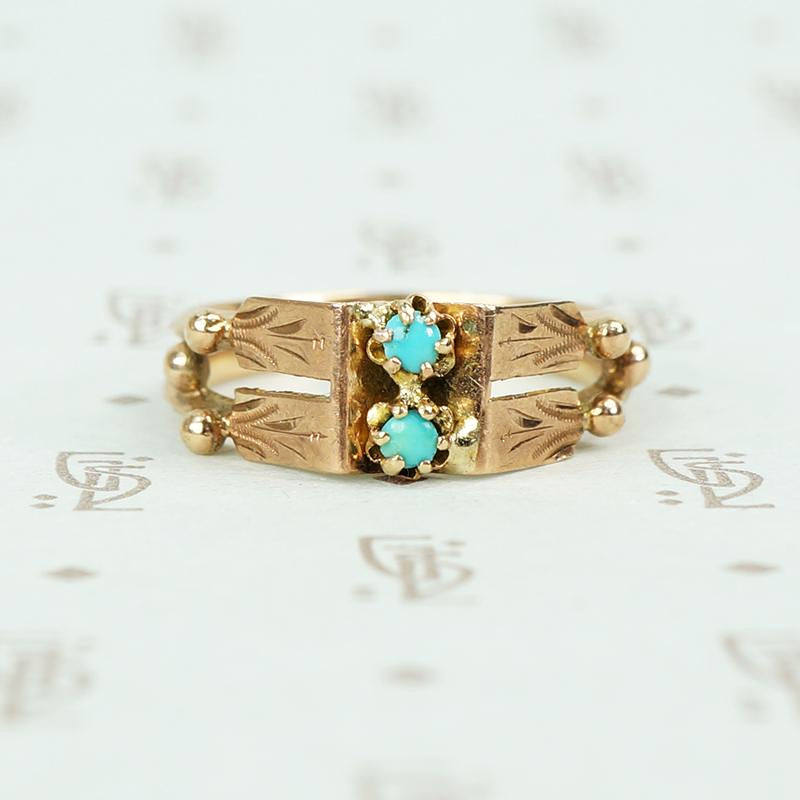 rose gold turquoise ring vintage with 2 turquoise rounds and engraved panels