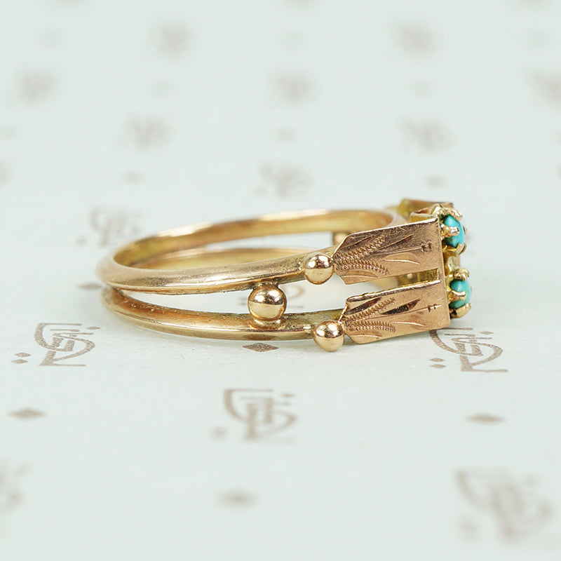 rose gold turquoise ring vintage with 2 turquoise rounds and engraved panels side view of double band