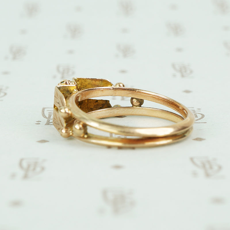rose gold turquoise ring vintage with 2 turquoise rounds and engraved panels alternate view of side details