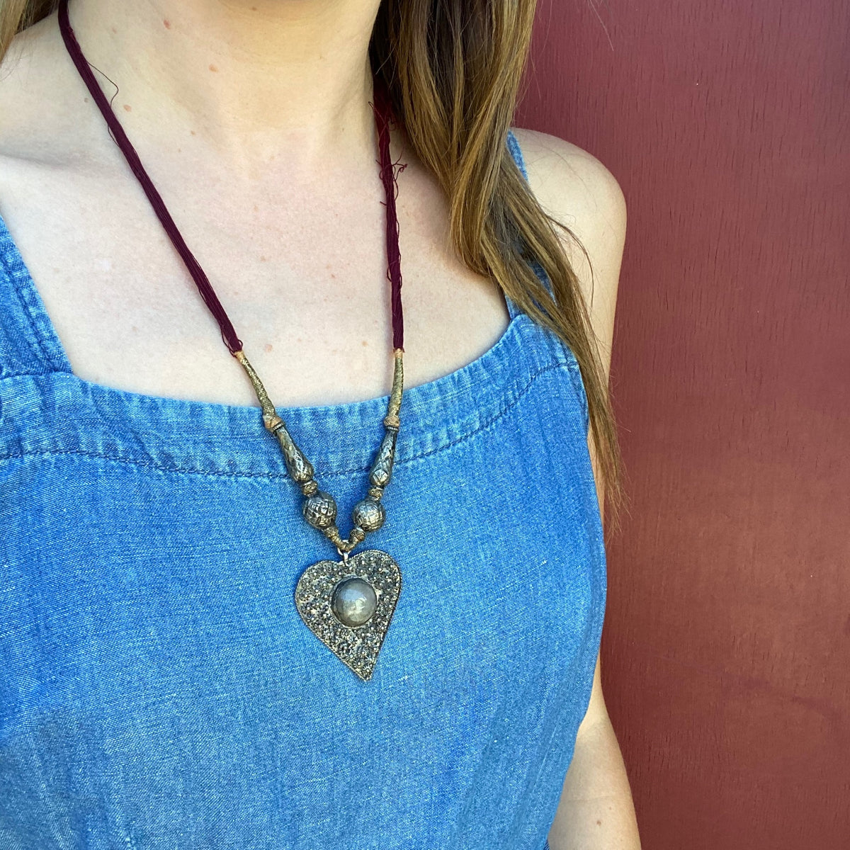 Unusual Silver Heart & Moss Agate Necklace