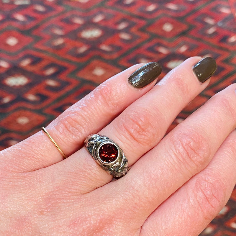 Green Man Ring in Recycled Silver & Garnet