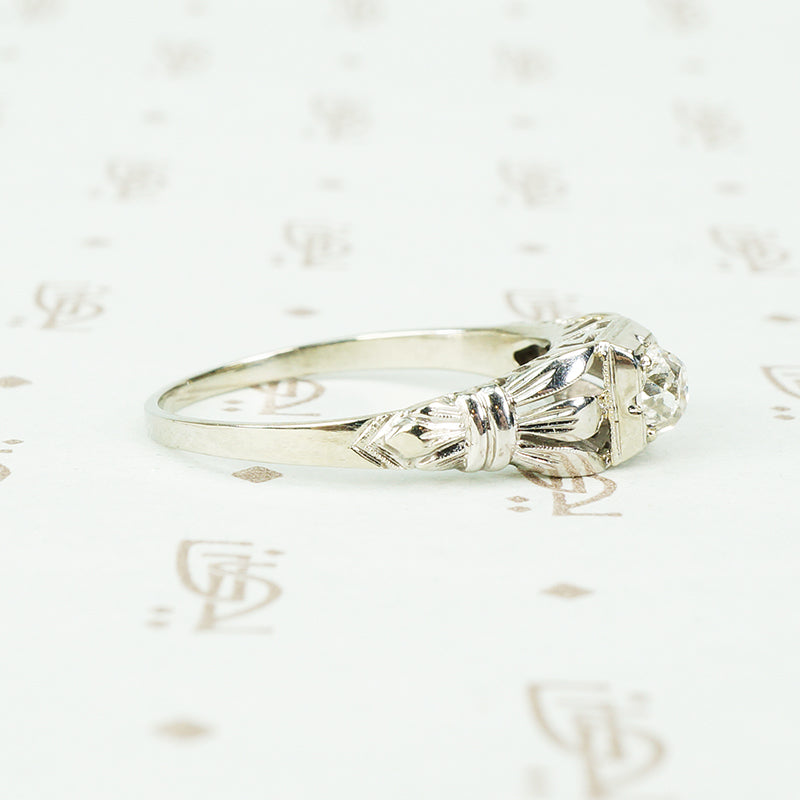 Unique White Gold Mine Cut Diamond Engagement Ring