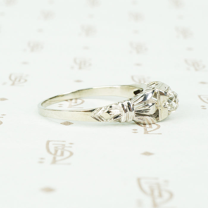 Unique White Gold Mine Cut Diamond Engagement Ring